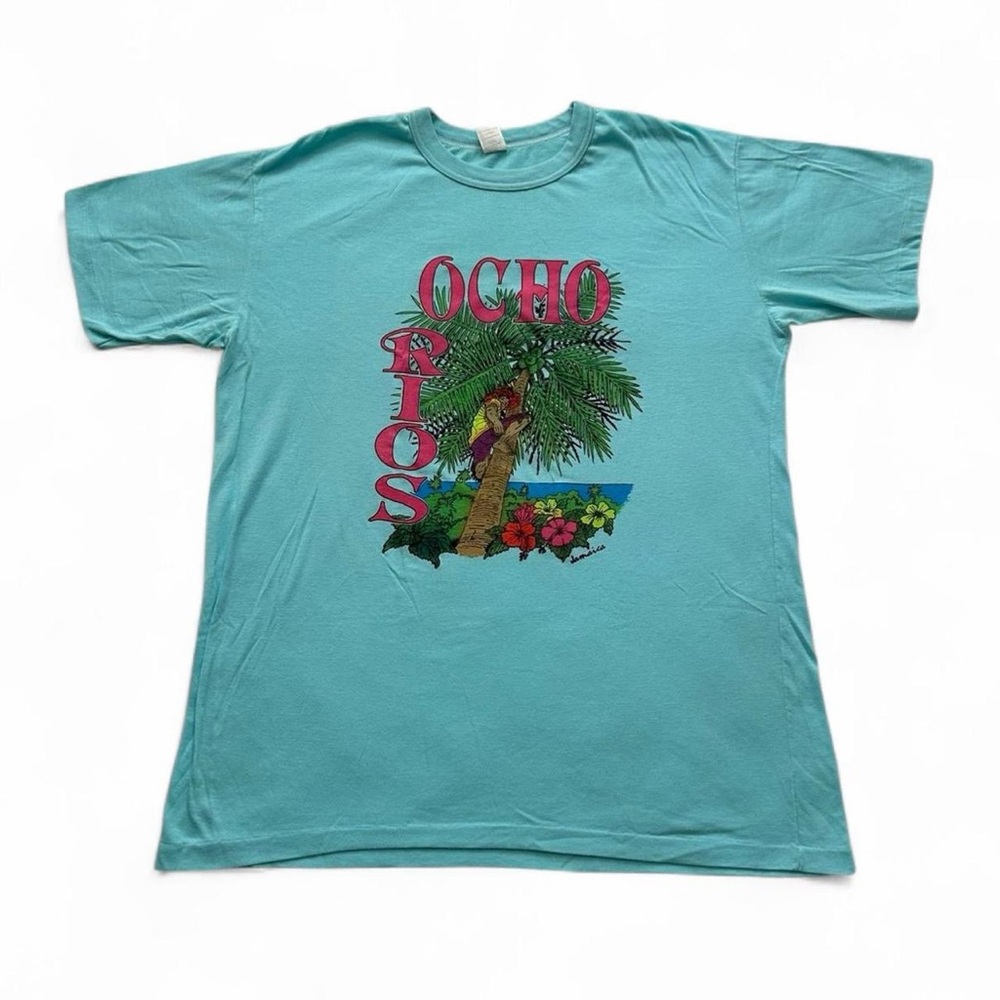 Vintage 1980s Teal Blue Ocho Rios Jamaica graphic men’s t shirt XXL